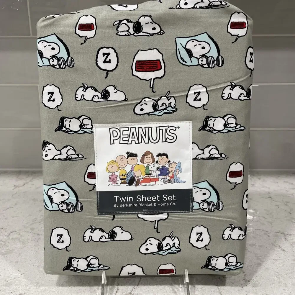 SLEEPY Snoopy TWIN Sheet Set Berkshire Sheets Snoopy Dreaming Gray / Green NEW